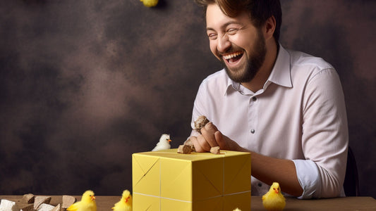 Delighted father unwrapping a Chicken Dice Game gift on Father's Day, illustrating the joy of receiving experiential gifts that foster family bonding and memorable moments.