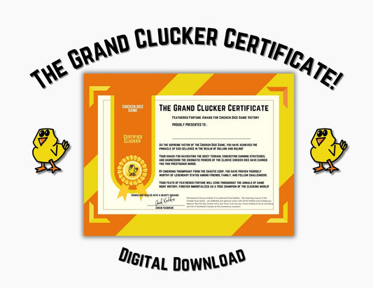 The Grand Clucker Certificate: Feathered Fortune Award for Chicken Dice Game Victory - Digital Download