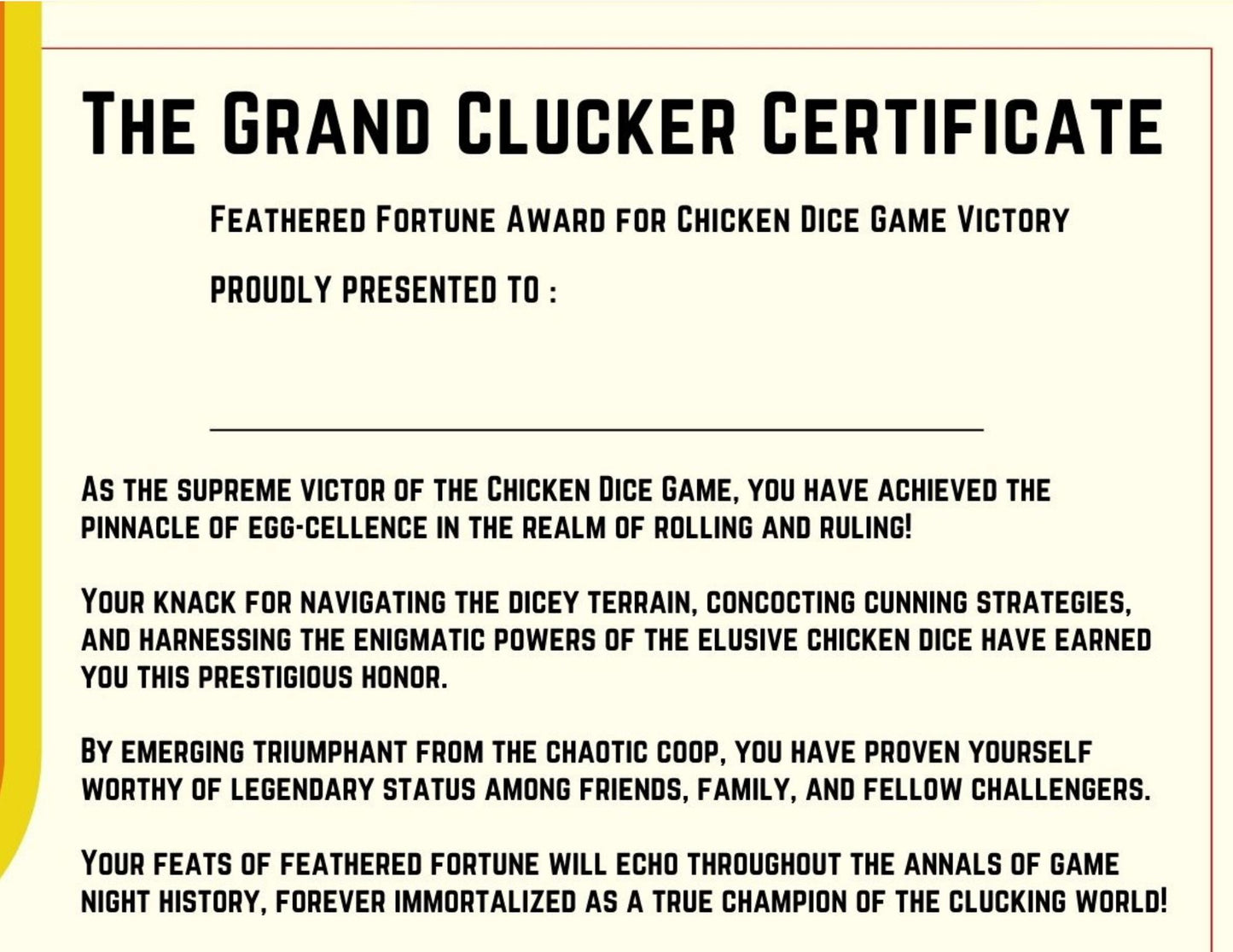 The Grand Clucker Certificate: Feathered Fortune Award for Chicken Dice Game Victory - Digital Download