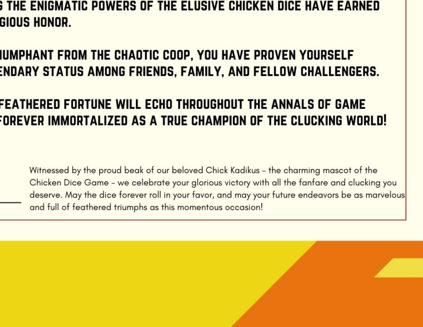 The Grand Clucker Certificate: Feathered Fortune Award for Chicken Dice Game Victory - Digital Download